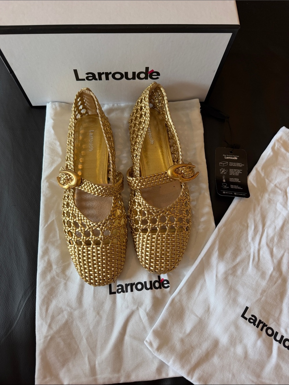 Larroude Gold Woven Mary Jane Flats with Buckle